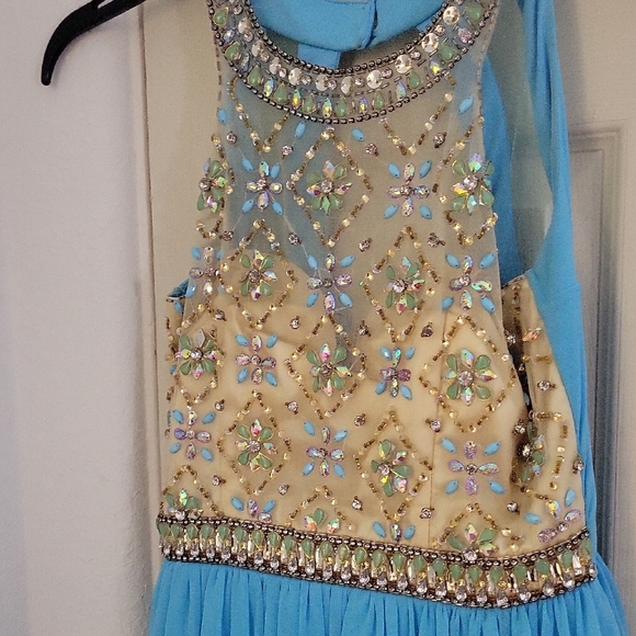 Elegant Blue and Gold Embellished Prom Dress - Picture 6 of 8